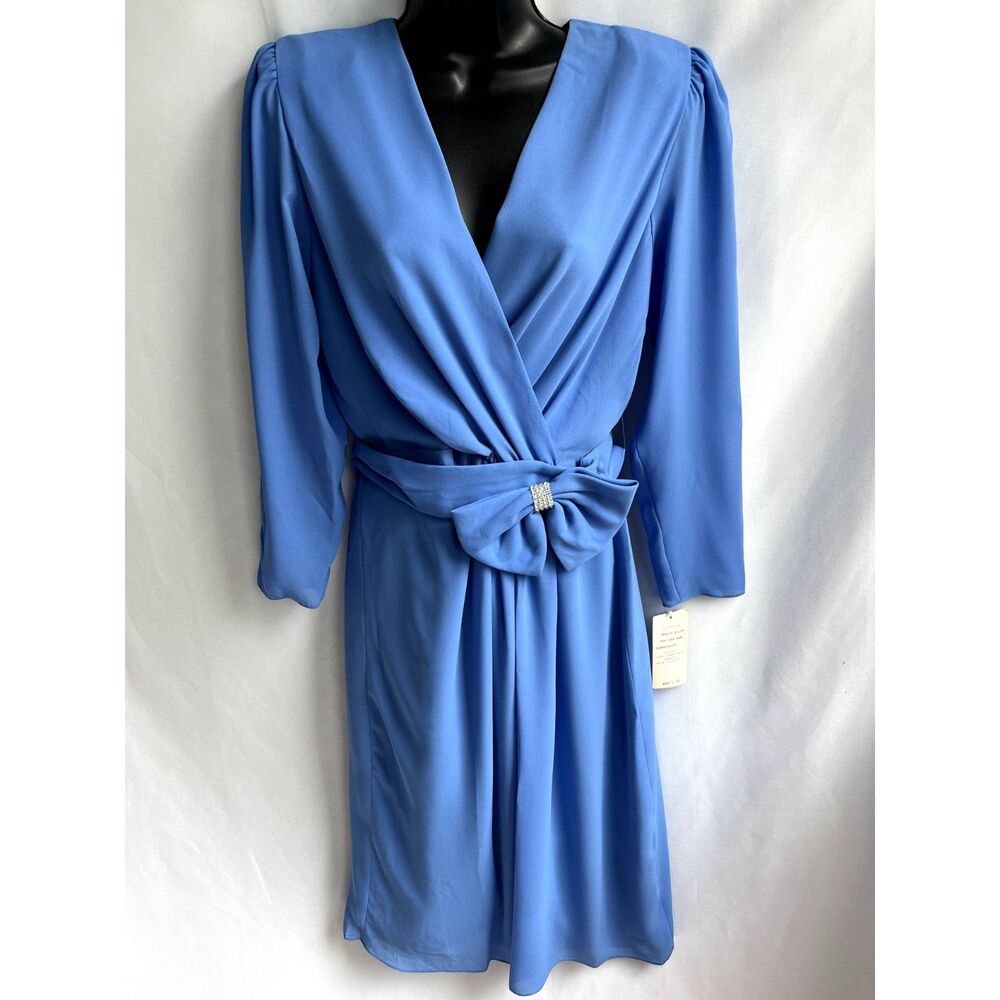Vintage NWT Miss Elliette Blue Formal Dress Size 12P Surplice Bow Classy Belted
